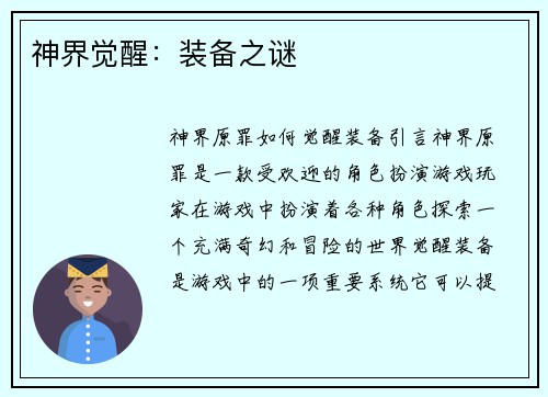 神界觉醒：装备之谜